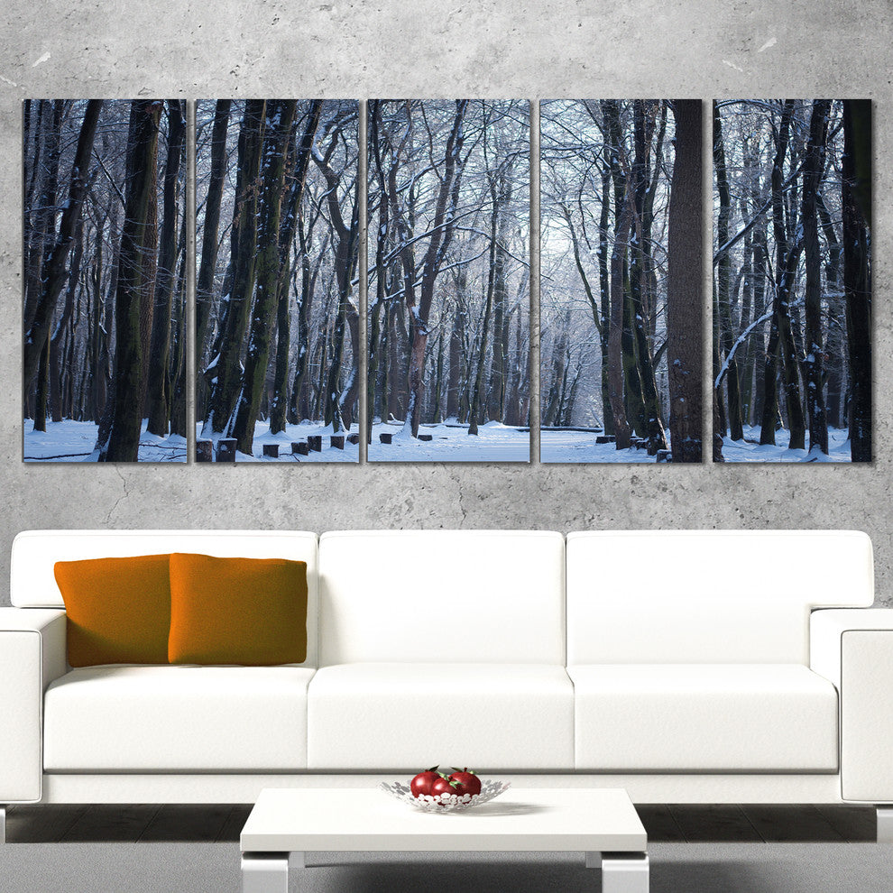 Thick Woods in Winter Forest, Modern Forest Canvas Art, 60"x28", 5 Panels