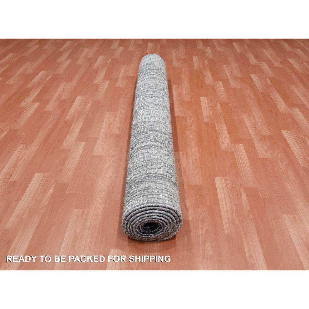 Blue, Pure Wool Hand Knotted, Modern Ombre Design Wide Runner Rug, 6'1"x12'1"