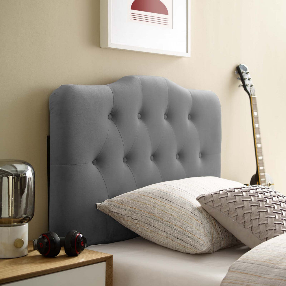 Contemporary Modern Twin Size Tufted Headboard, Velvet Fabric, Grey Gray