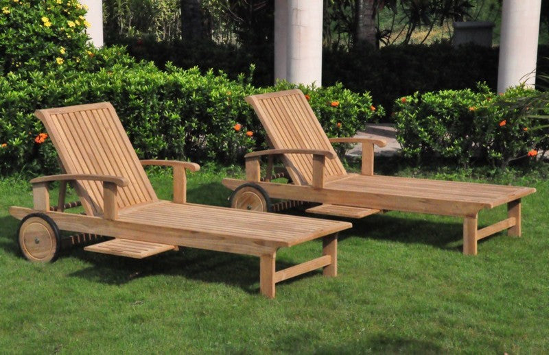 Teak Outdoor Patio Sack Chaise Lounger With Side Tray & Wheels, Set of 2