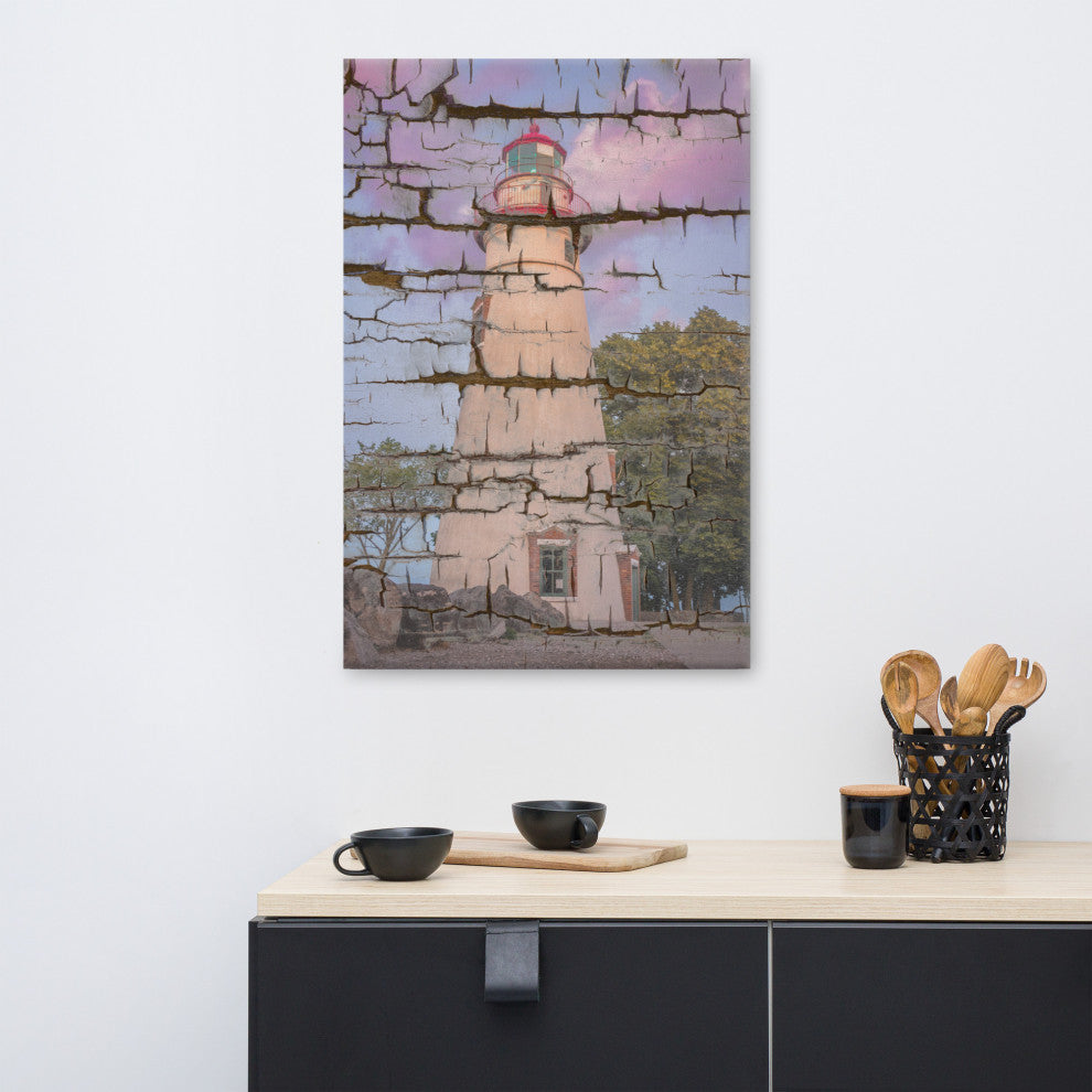 Faux Wood Texture Marblehead Lighthouse at Sunset Canvas Prints, 24" X 36"