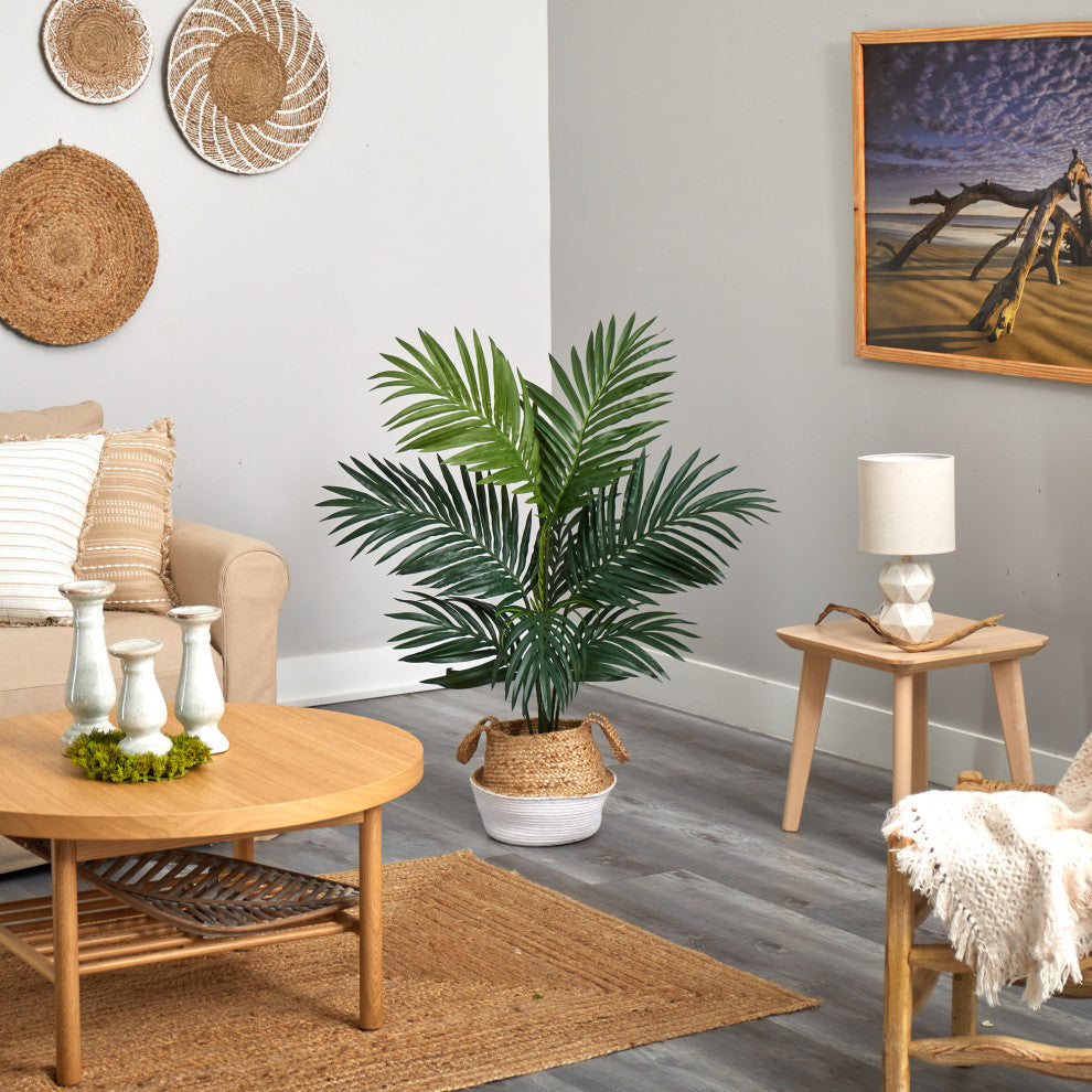 4' Kentia Palm Faux Tree, Boho Chic Handmade Cotton and Jute White Woven Planter