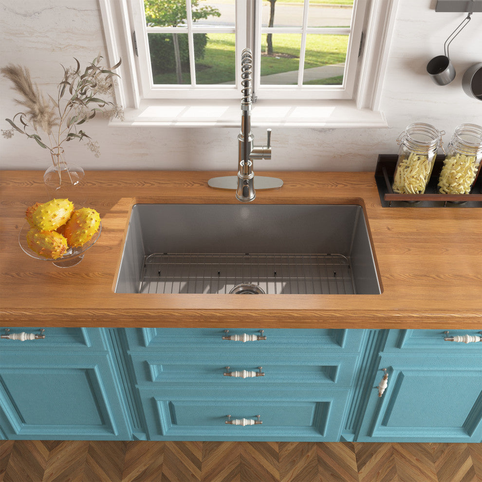 32in Undermount Single Bowl Fireclay Kitchen Sink with Grid and Drainer, Matte Gray