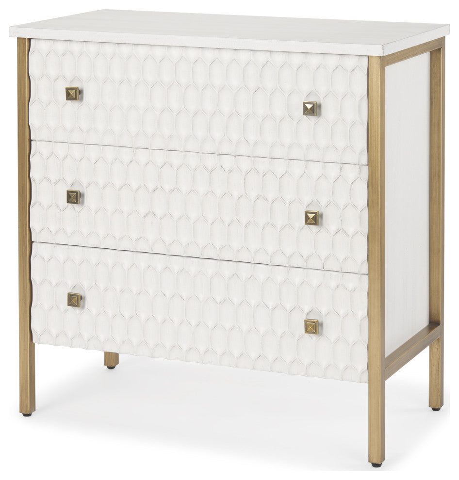 Savannah White Fir Veneer With Gold Metal Frame 3 Drawer Accent Cabinet