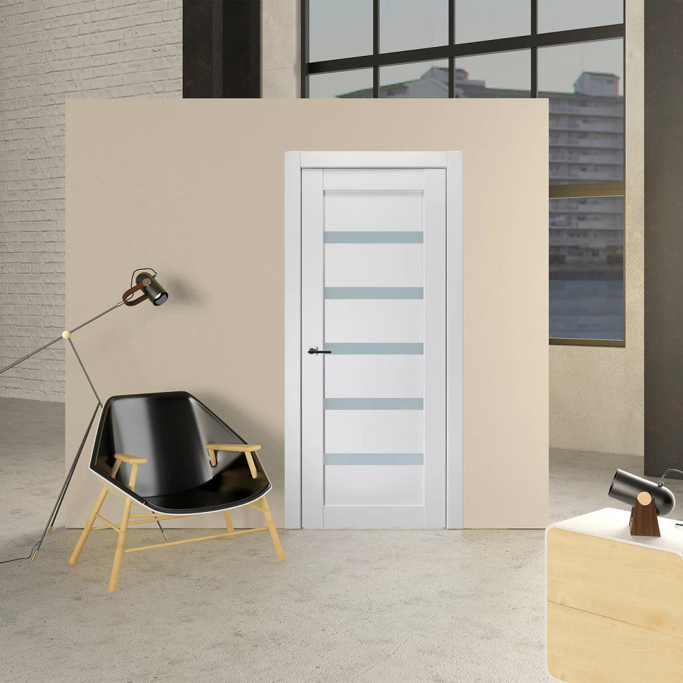 Leora Bianco Noble with Concealed Hinges, Tempered Frosted Glass, Solid Core, 24" X 80", Right-Hand