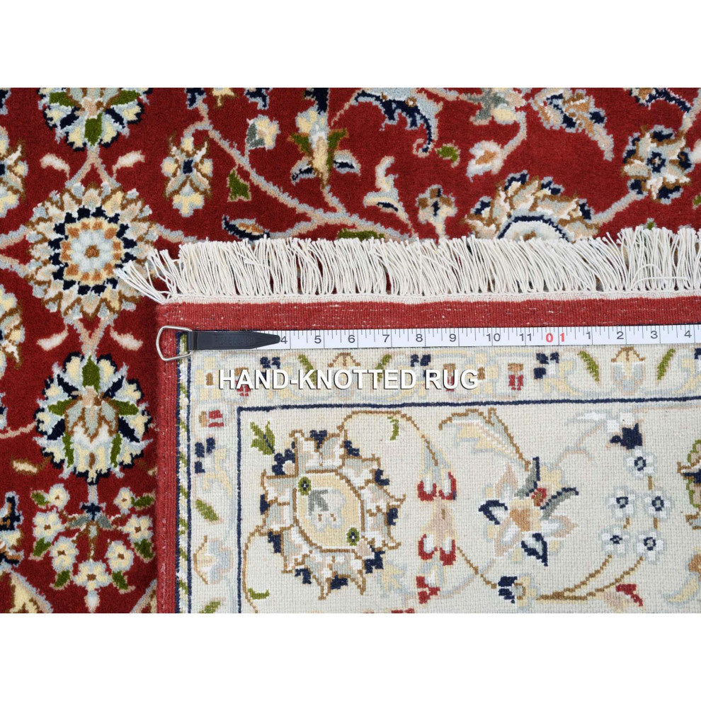 Red, Hand Knotted Nain, 250 KPSI Wool and Silk, Square Oriental Rug, 5'0" x 5'1"