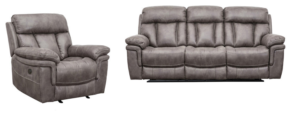 Estelle Power Reclining 2 Piece Sofa and Recliner Set, Gunmetal Fabric