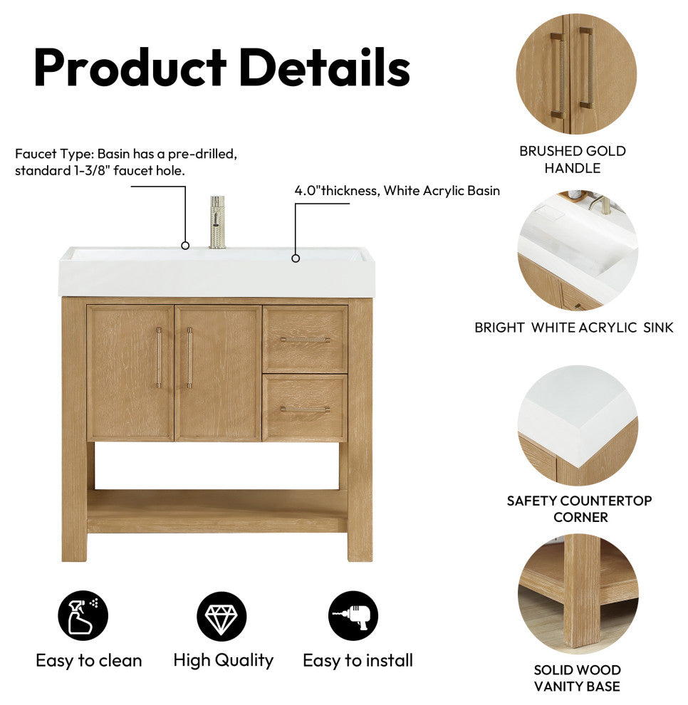 Vera Bath Vanity with Stone Top, Washed Ash Grey, 36", Single Vanity, No Mirror