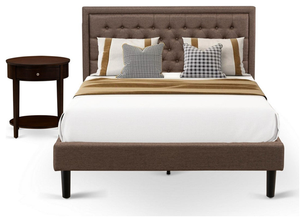 2Pc Queen Size Bed Set, 1 Wood Bed Frame Brown Padded, 1 Nightstand, Black Legs