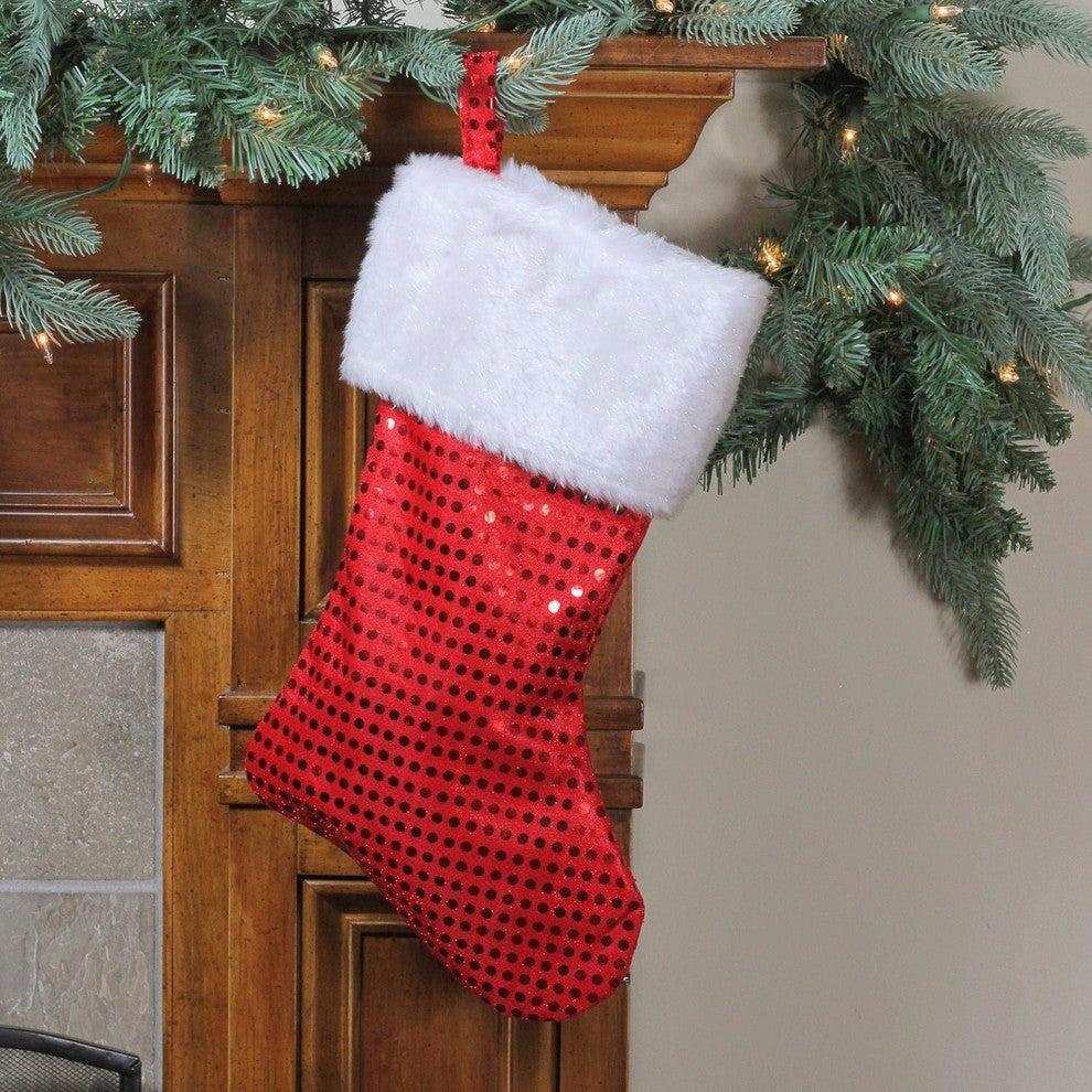 18" Red Sequined Traditional Christmas Stocking With Iridescent Plush White Cuff