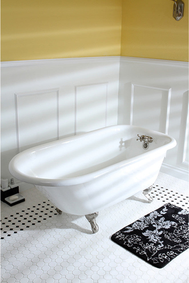 60" Roll Top Clawfoot Tub w/3-3/8" Wall Drillings, White/Brushed Nickel