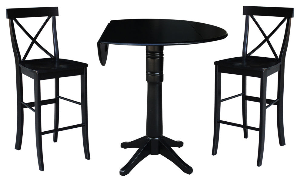 42" Round Pedestal Bar Height Table with 2 Bar Height Stools, Black
