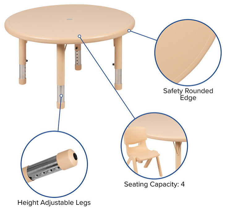 33" Round Plastic Height Adjustable Table Set With 4 Chairs, Natural