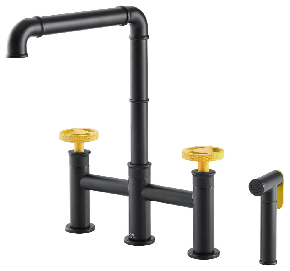 Avallon Pro Widespread Kitchen Faucet With Side Sprayer, Matte Black/Yellow