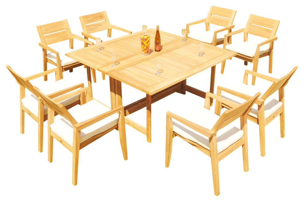 9-Piece Outdoor Teak Set: 60" Square Butterfly Table, 8 Celo Stacking Arm Chairs