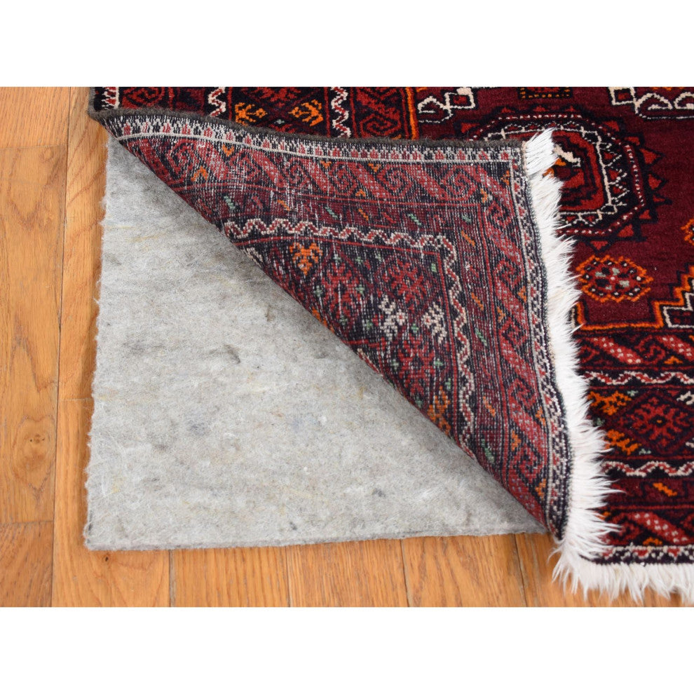 Red Vintage Tourkaman Bokara Pure Wool Hand Knotted Runner Rug 3'4" x 5'10"