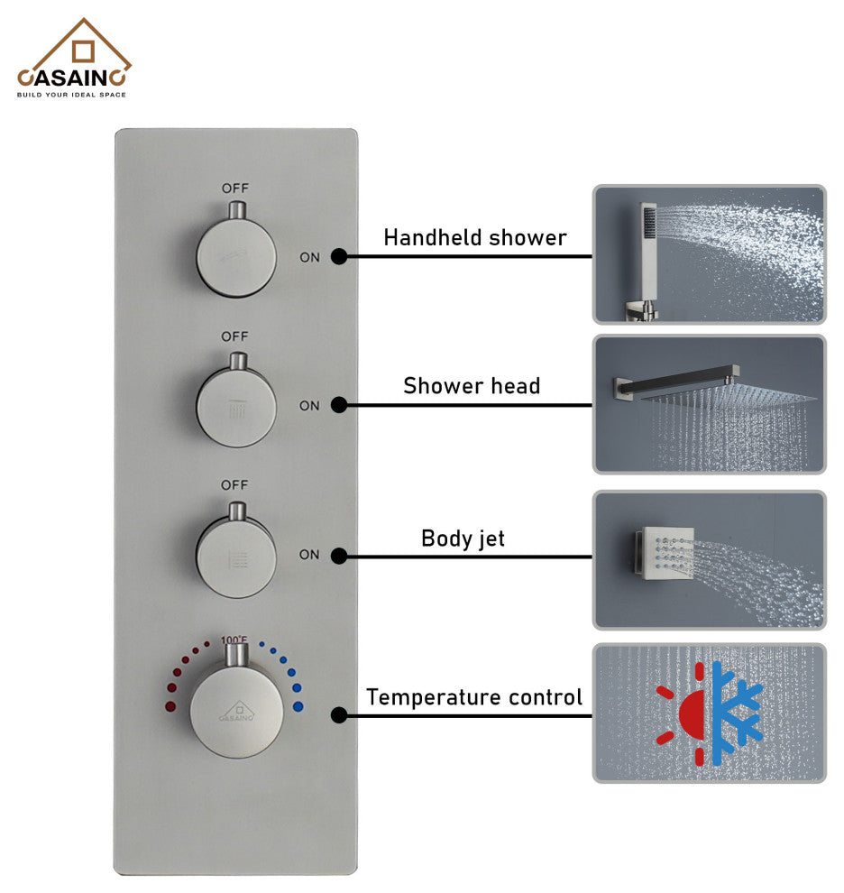 CASAINC 12" Wall Mounted Luxury Shower System Set w 6 Body Jets, Brushed Nickel