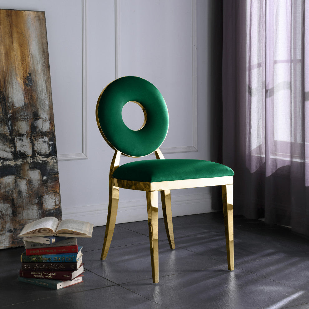 Carousel Upholstered Dining Chair, Set of 2, Green Velvet, Gold Finish