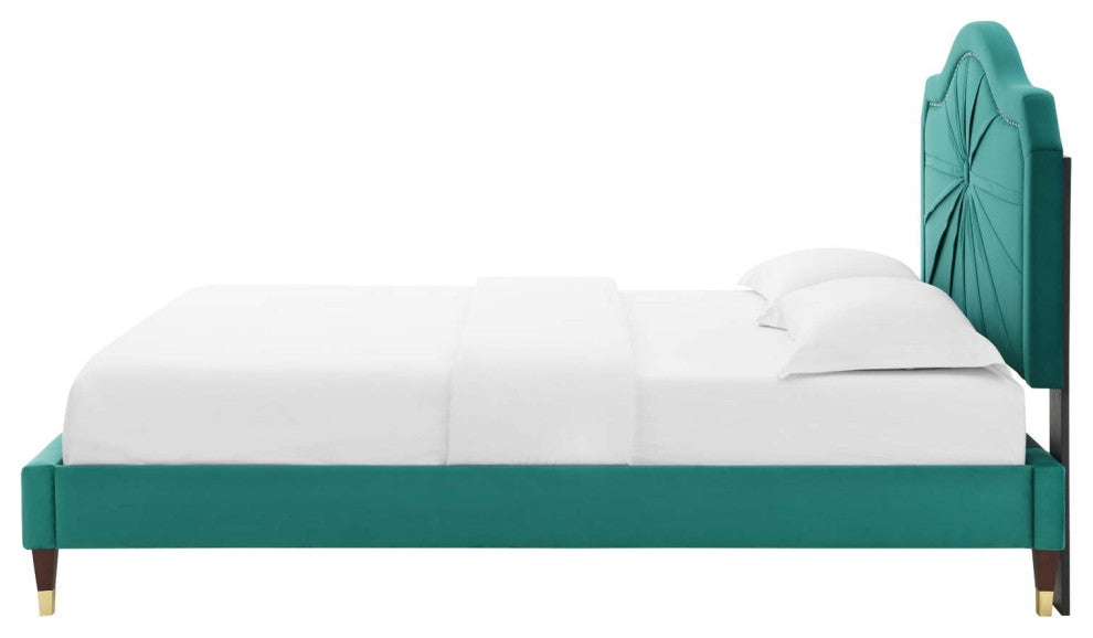 Platform Bed Frame, Twin Size, Velvet, Teal Blue, Modern Contemporary, Bedroom