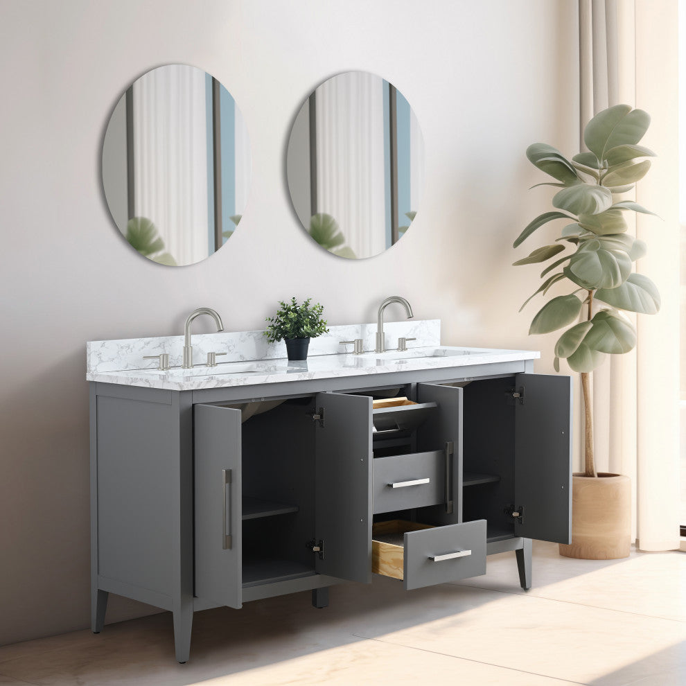 Vanity Art Bathroom Vanity With Sink, Cashmere Gray, 60", Double Sink, Brushed Nickel