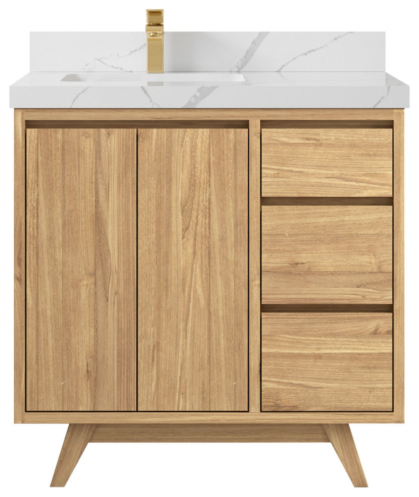 Madison Teak 36 Left Offset Bath Vanity in Light Natural 2" Calacatta Laza