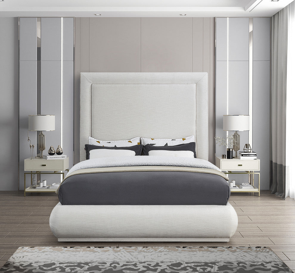 Brooke Linen Textured Fabric Upholstered Bed, Cream, Queen