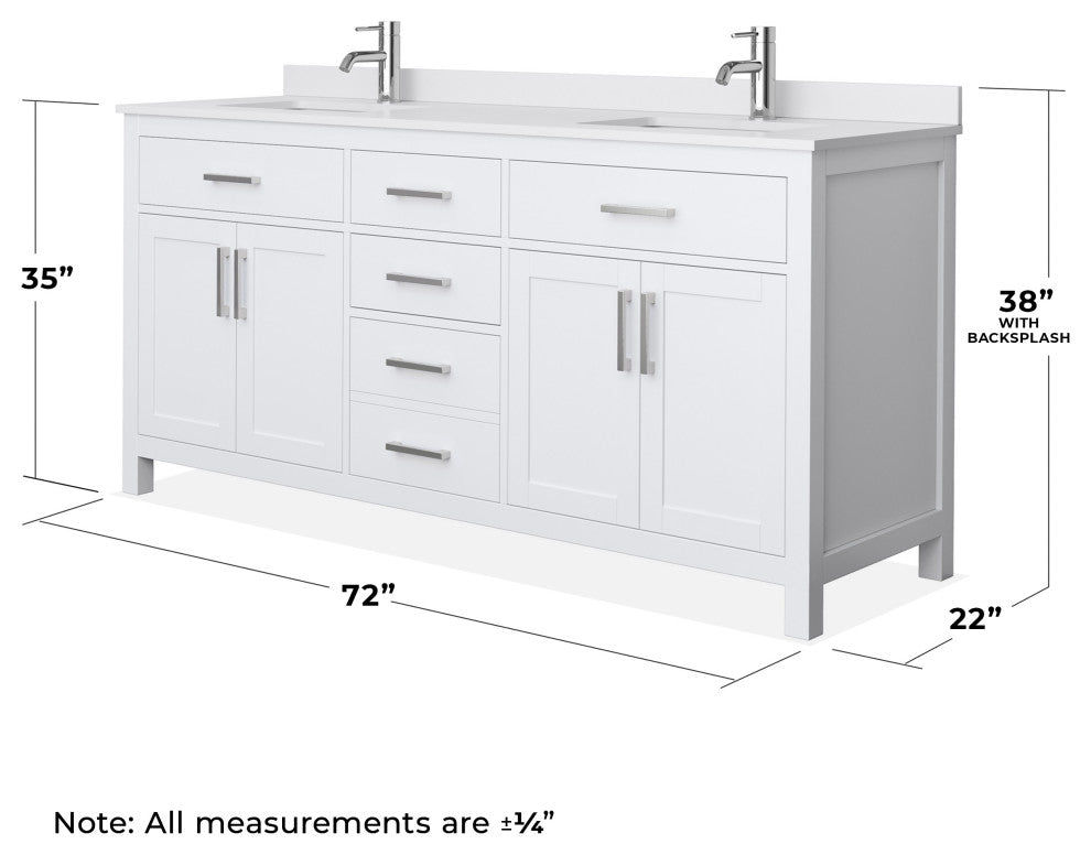Beckett 72" White Double Vanity, White Cultured Marble Top