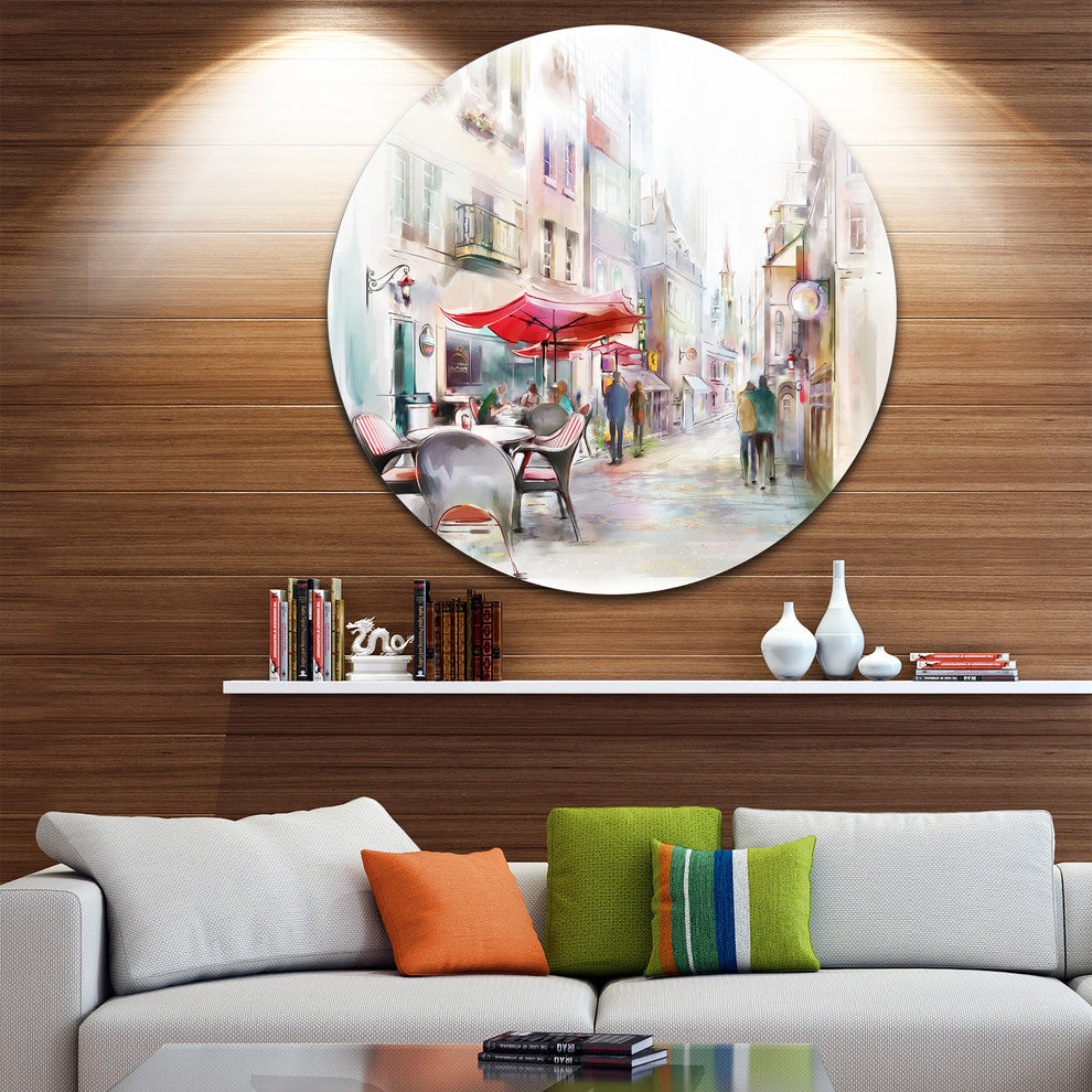 Illustrated Street Art Cityscape, Cityscape Round Metal Wall Art, 23"