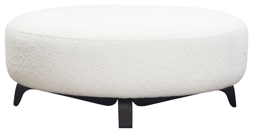 Vesper Round Ottoman, Faux White Shearling, Black Wood Leg Base