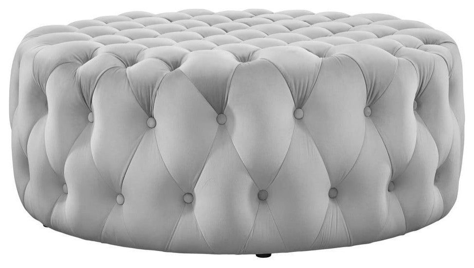 Amour Tufted Button Large Round Performance Velvet Ottoman - Light Gray...