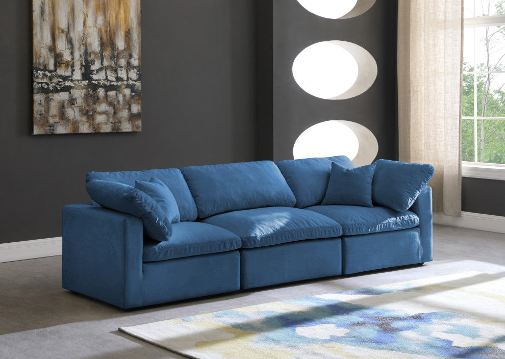 Plush Velvet / Down Standard Comfort Modular Sofa, Navy, 3-Piece: 1 Armless Chair, 2 Corner Chair