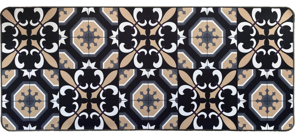 Carmen Printed Kitchen Runner Mat 47" x 20" Black and Beige Tile Design