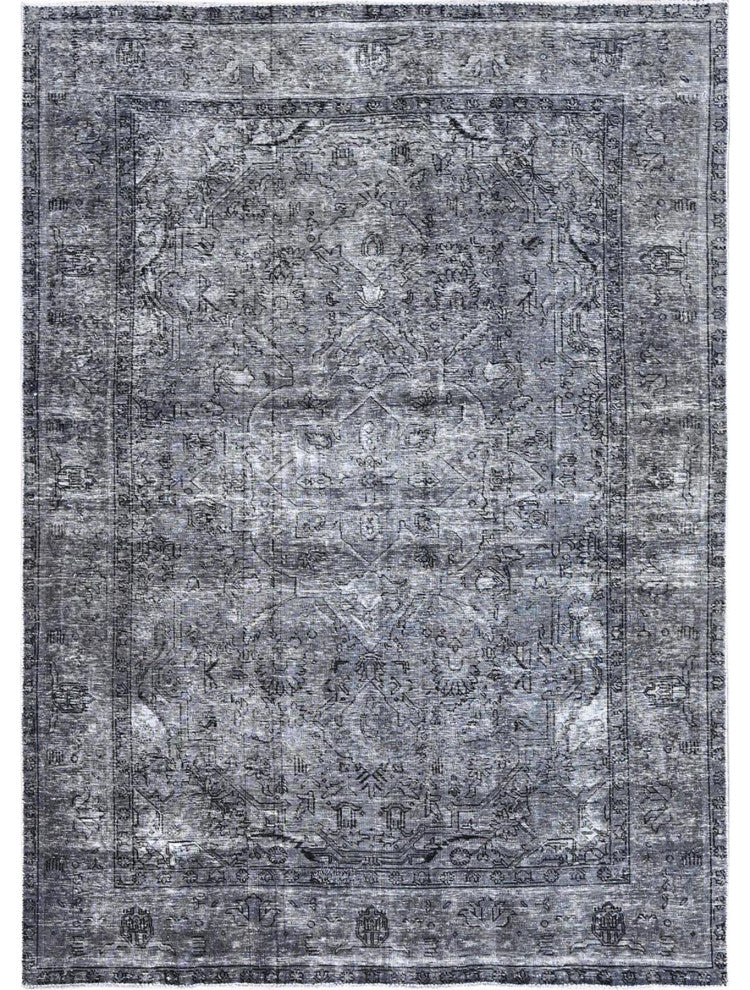 Slate Gray, Worn Wool, Hand Knotted, Vintage Persian Tabriz Rug, 6'6"x9'6"
