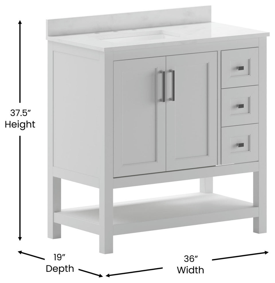 Vega Bath Vanity-Sink, Soft Close Doors, 3 Drawers, Carrara Marble Finish Top, White, 36 Inch
