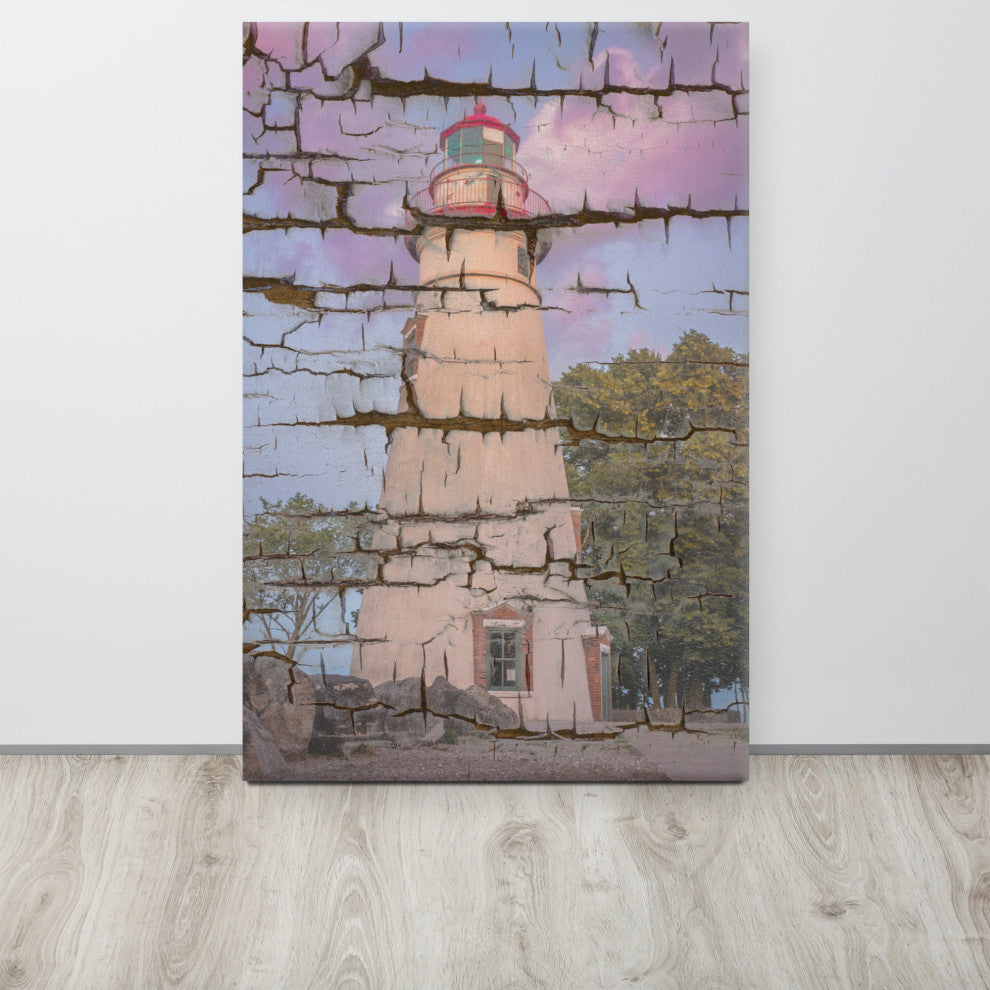 Faux Wood Texture Marblehead Lighthouse at Sunset Canvas Prints, 24" X 36"
