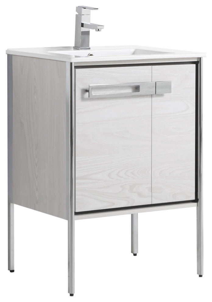 Oakville Bath Vanity, Ceramic Sink, Mild Grey Oak, 24 Inch, Chrome Hardware