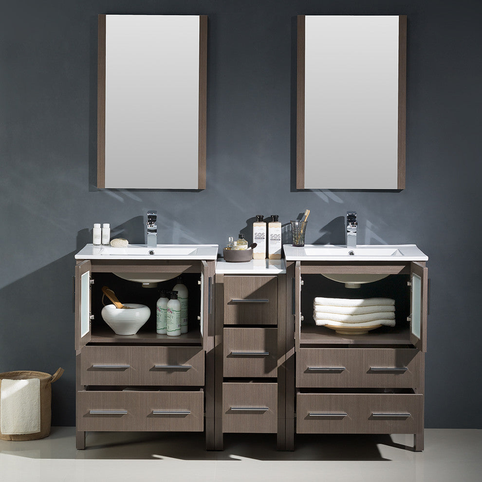 Torino 60" Gray Oak Modern Double Sink Bathroom Vanity, Faucet FFT3071CH