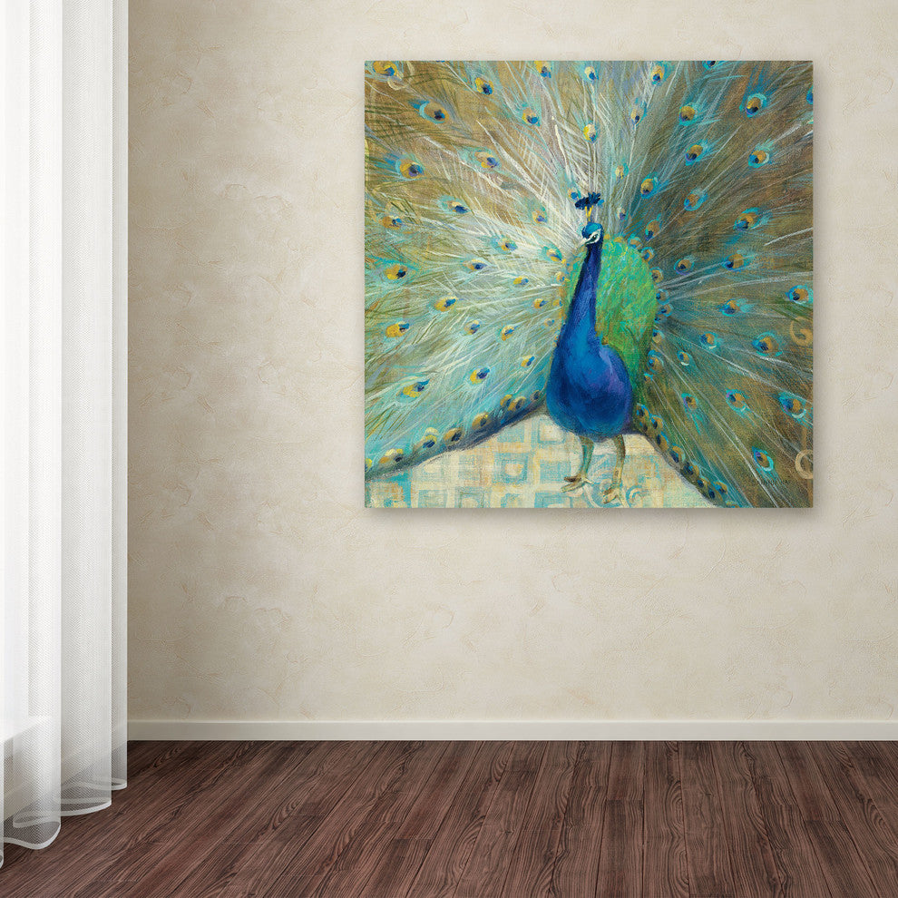 'Blue Peacock on Gold' Canvas Art by Danhui Nai