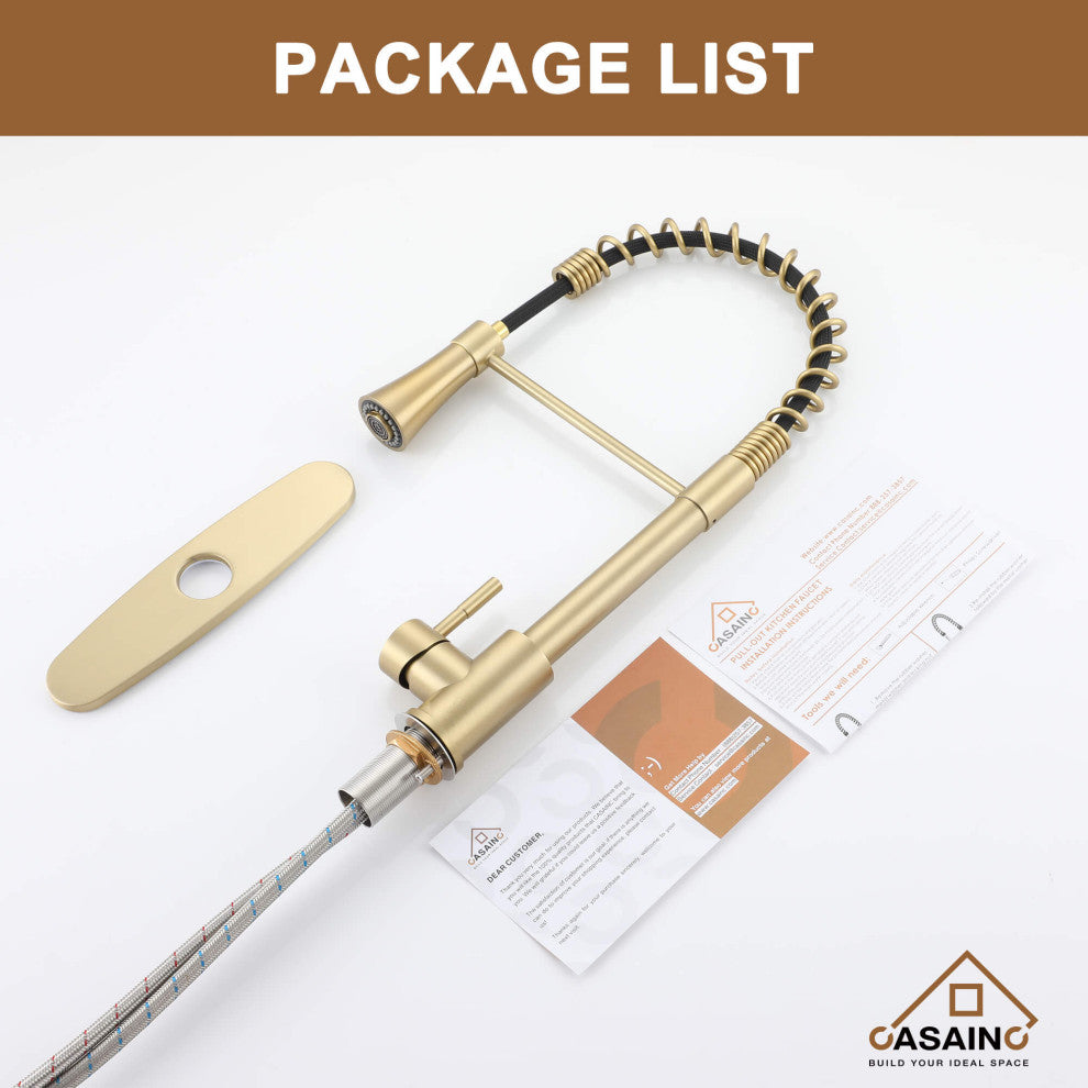 Spring Standard Kitchen Faucet with Dual-Function Spray Head and Deck Plate, Brushed Gold