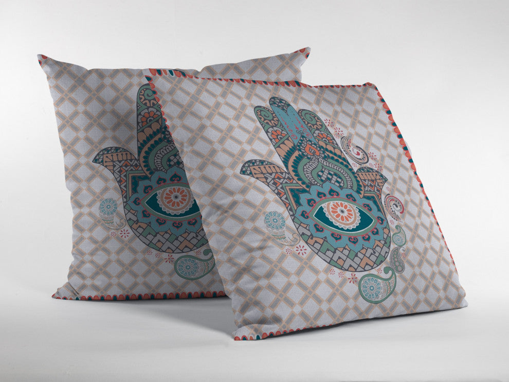 16 Blue Gray Hamsa Boho Suede Throw Pillow