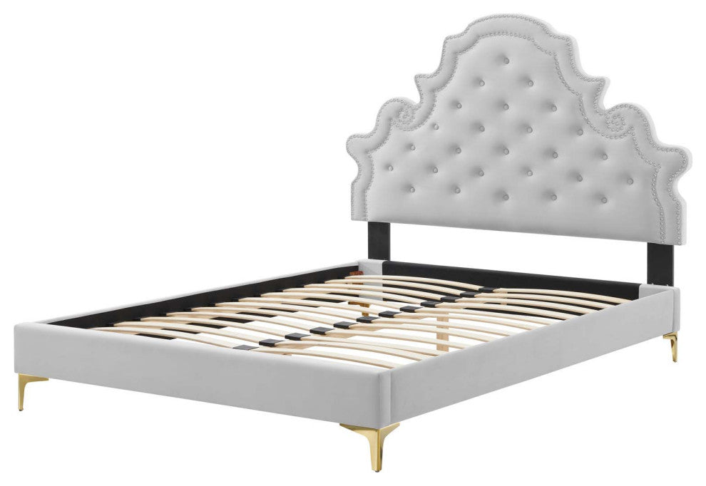 Tufted Platform Bed Frame, Queen Size, Velvet, Gray, Modern Contemporary
