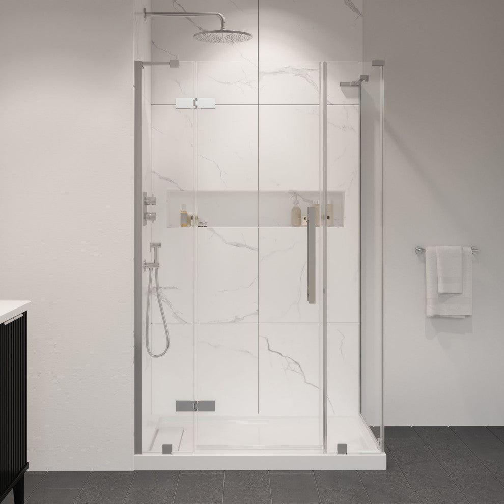 Tampa Corner Frameless Pivot Hinge Shower Door Kit With Base Pan, Satin Nickel, 48x36"