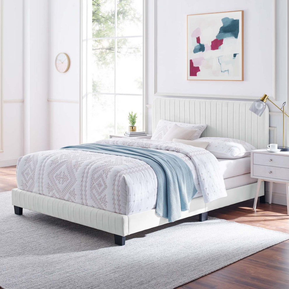 Tufted Platform Bed Frame, Queen Size, Velvet, White, Modern Contemporary