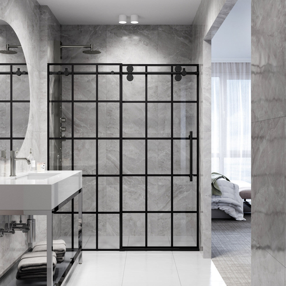 VIGO Elan 68" to 72" W x 74" H Frameless Sliding Shower Door in Matte Black Grid