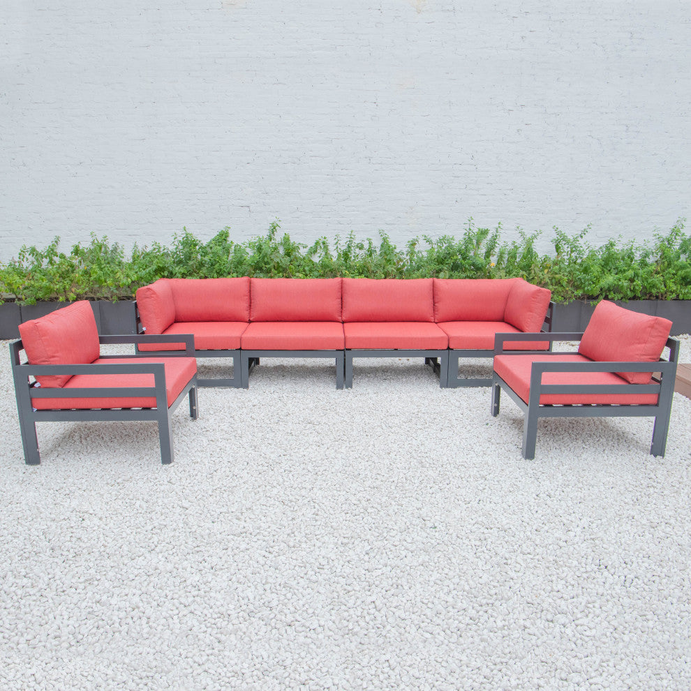 LeisureMod Chelsea 6-Piece Patio Armchair Sectional Black Aluminum, Red