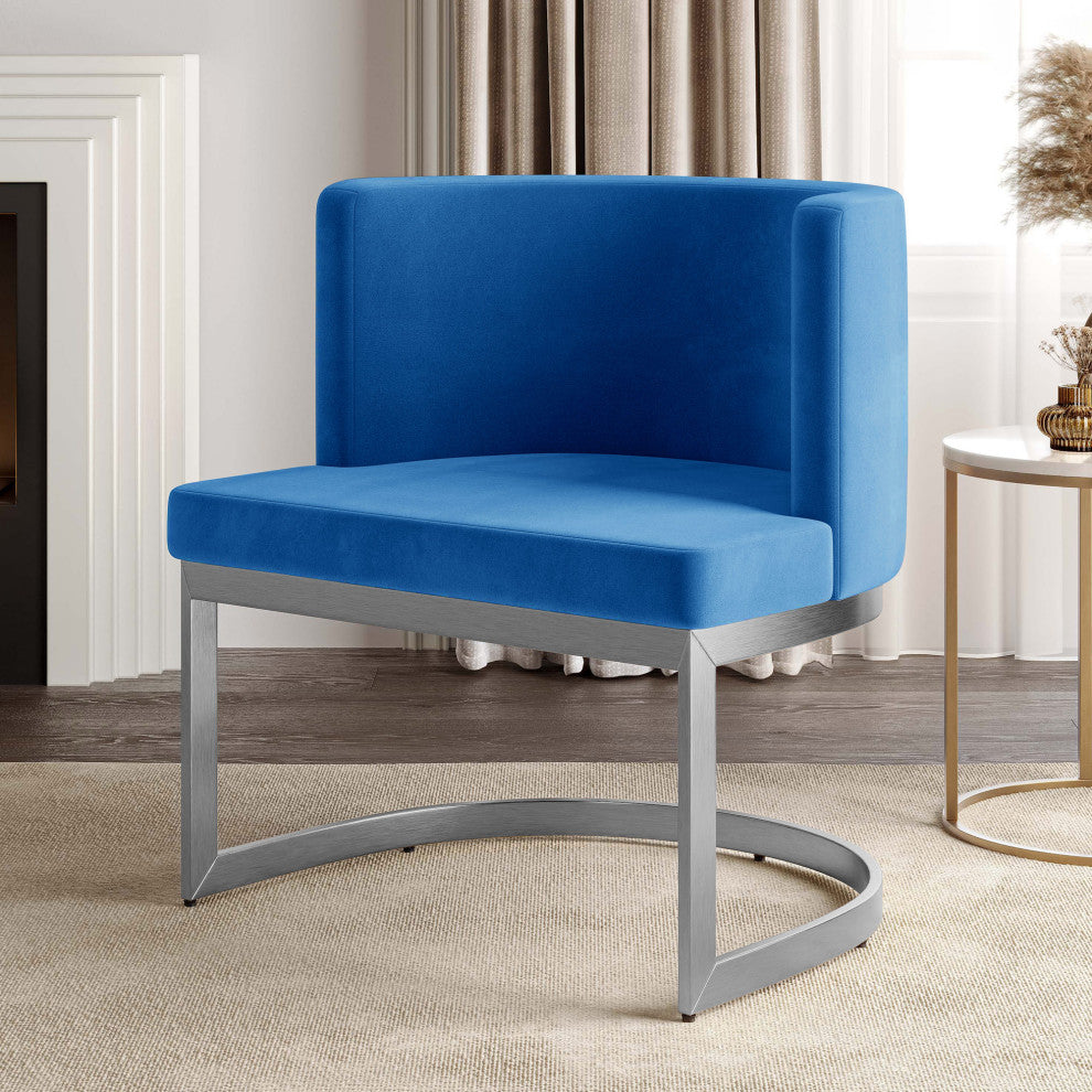 Velvet Dining Chair w/ Chrome Stainless Steel Base - Blue