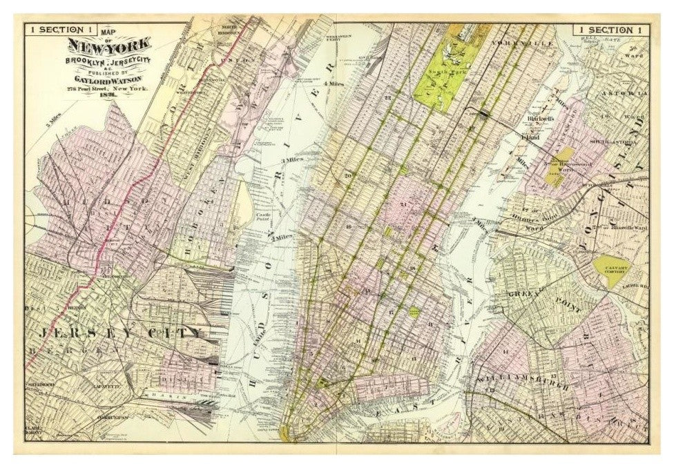 "New York, Brooklyn, Jersey City, 1891" Print by Frederick W. Beers, 32"x22"