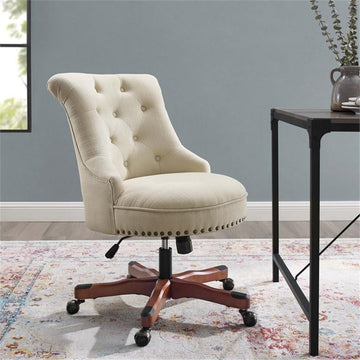 Linon Sinclair Beige Upholstered Adjustable Office Chair in Cherry Wood Base