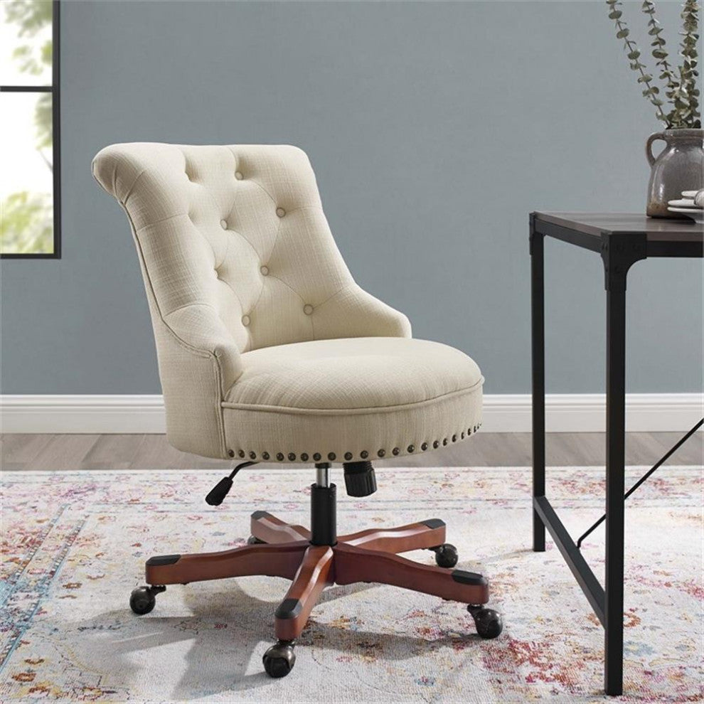 Linon Sinclair Beige Upholstered Adjustable Office Chair in Cherry Wood Base