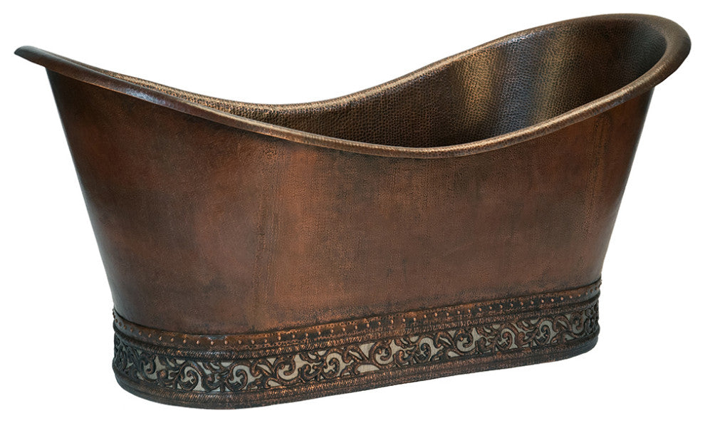 67" Hammered Copper Double Slipper Bathtub, Scroll Base, Nickel Inlay & Drain